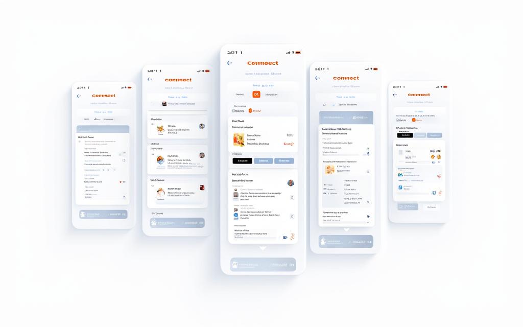 Plusieurs écrans de l'application mobile 'Connect' montrant son interface utilisateur.