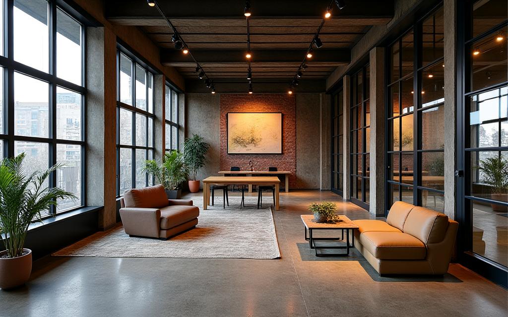 Vue d'un loft industriel chic avec une grande verrière et des meubles sur mesure.