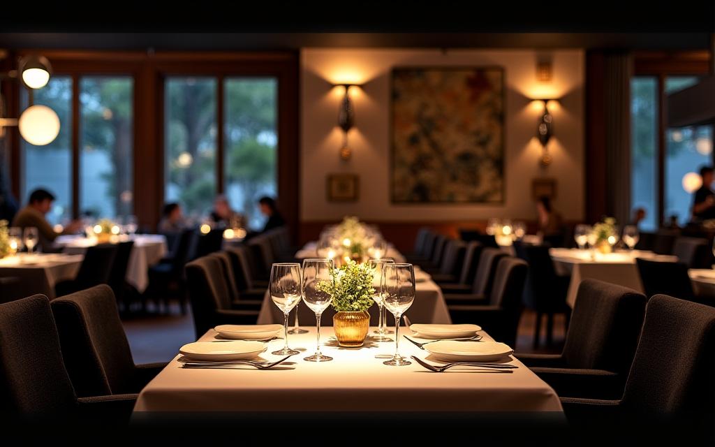 Intérieur d'un restaurant gastronomique avec éclairage tamisé et tables élégantes.