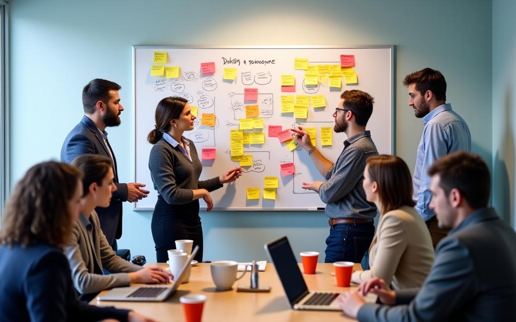 Une réunion d'équipe autour d'un tableau blanc rempli de post-its et de diagrammes stratégiques.