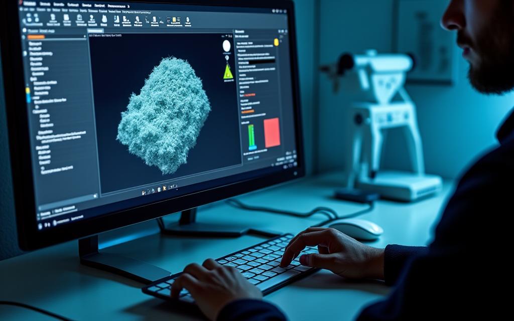 Un écran d'ordinateur affichant un logiciel de design 3D avec un modèle de produit en cours de finalisation.