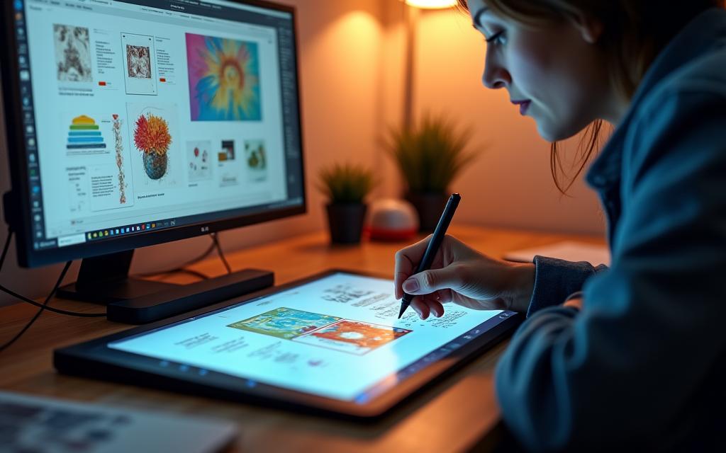 Un designer travaillant sur une tablette graphique, entouré de planches d'inspiration.