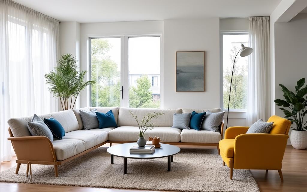 Un salon moderne et lumineux avec un mobilier design et des touches de couleur.