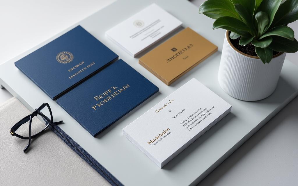 Une collection de cartes de visite et de papeterie de marque élégamment disposée.